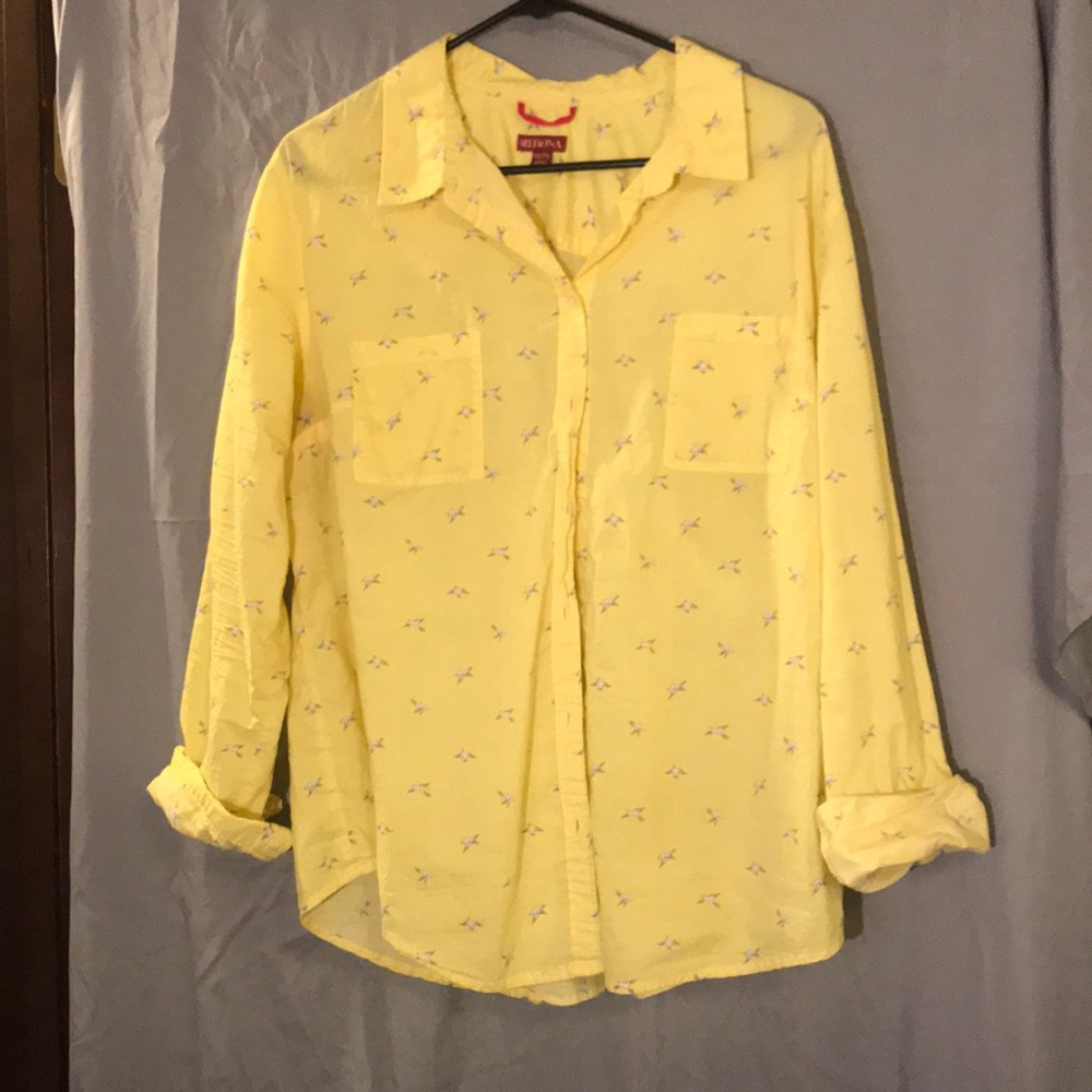 Yellow Button Down Bird Print Blouse